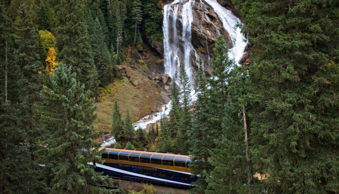 Rocky Mountaineer train travelling past Pyramid Falls, British Columbia