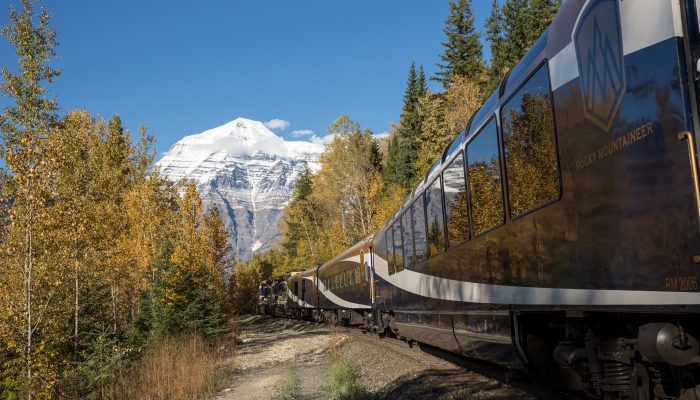 train approaches mount robson