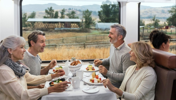 Guests dining in a GoldLeaf dining car