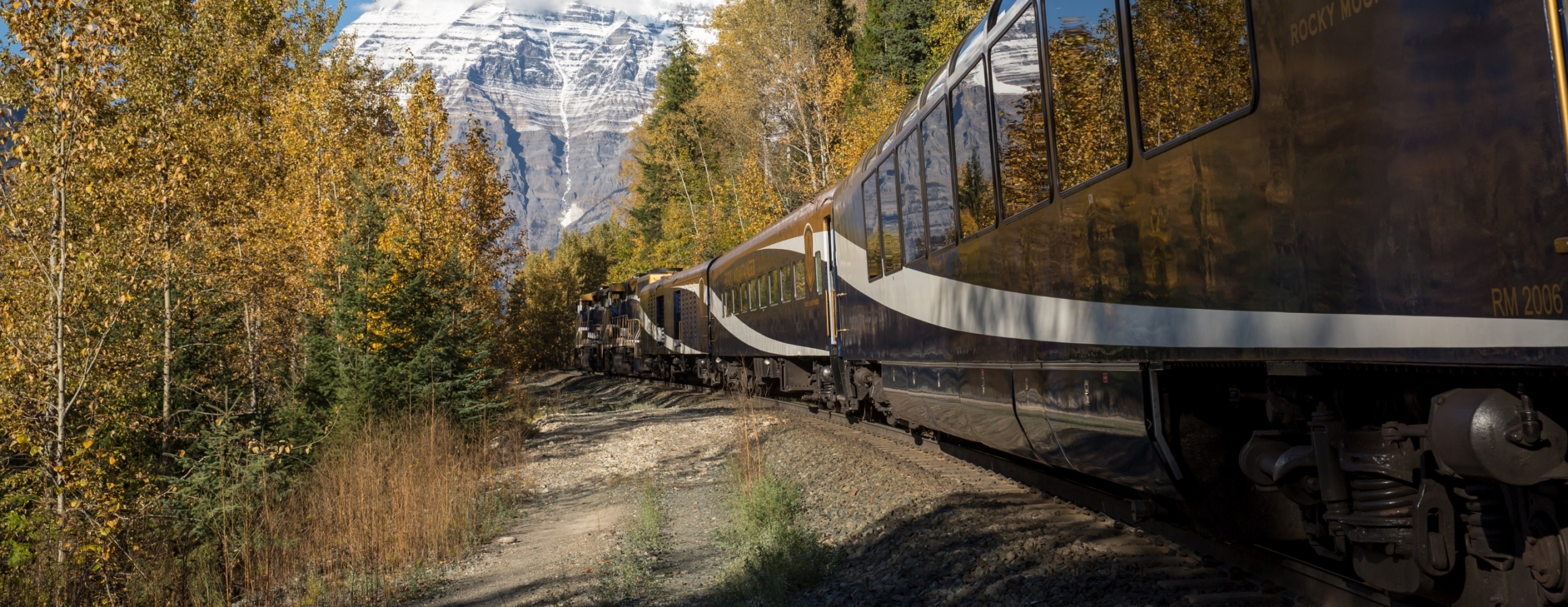 Rocky Mountaineer train with view of Mount Robson, British Columbia