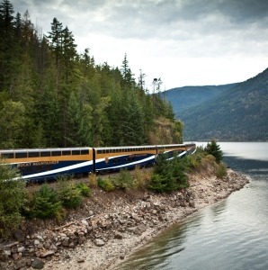 Rocky Mountaineer winding alongside Shuswap Lake on First Passage to the West.