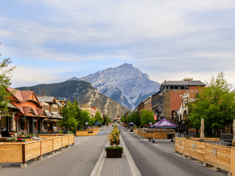 Banff Avenue with Cascade Mountain visible at the end of the street