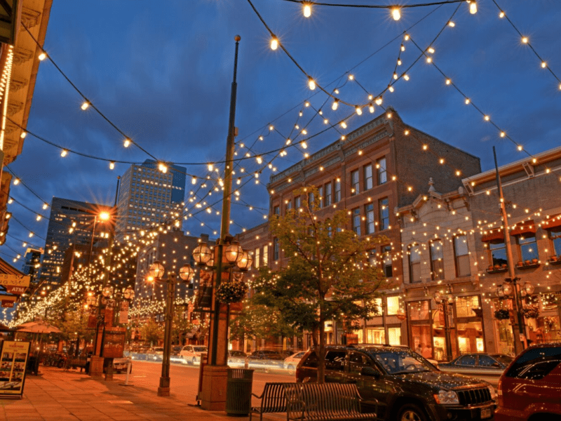 Larimer Square lit up with patio lights