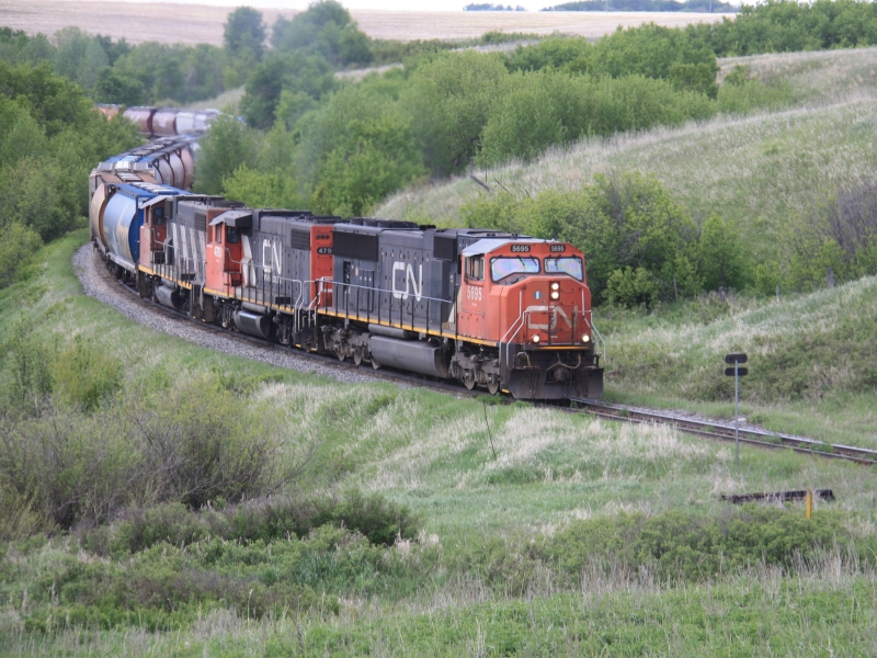 Canadian Pacific freight train travelling through Saskatchewan, Canada