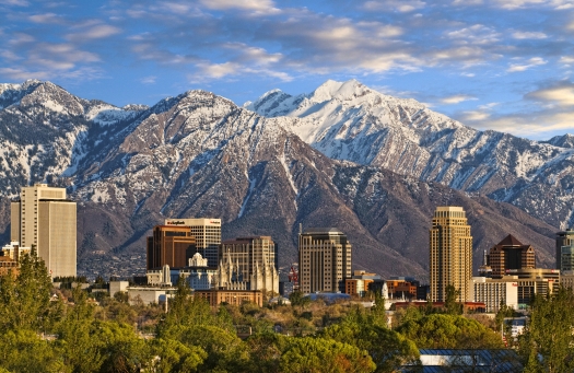Salt Lake City skyline with snowcapped mountains