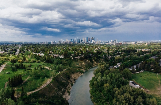 An aerial view of Calgary from River Park.